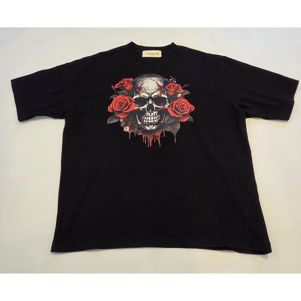 A Curated Life T-Shirt Mens M Black NWOT, Skull Roses Oversized Graphic Tee